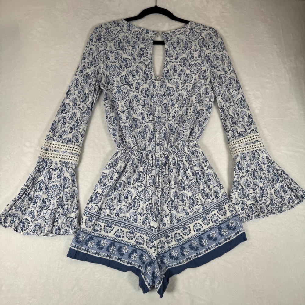 Hollister Blue Floral Paisley Bell Sleeve Romper Crochet Lace Small Boho Summer - Picture 9 of 9
